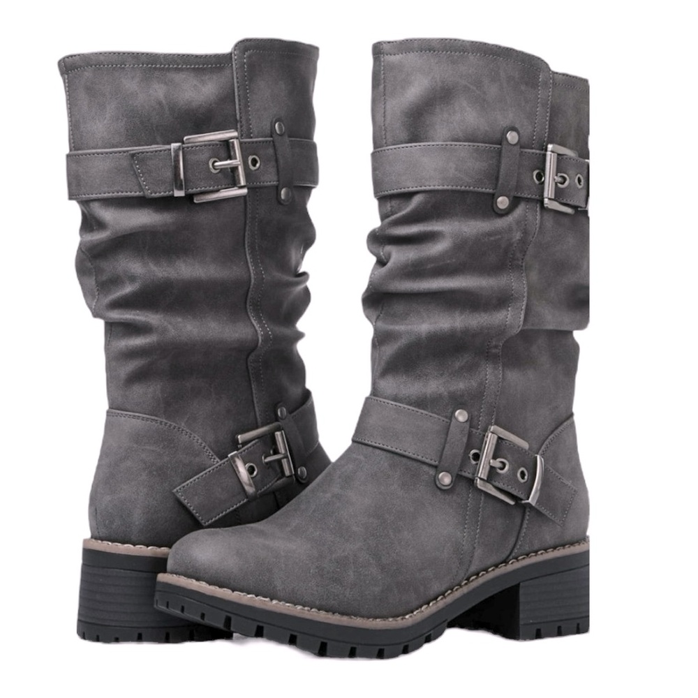 Global Win Mid-Calf Dress Biker Boots, Grey, Size 5.5, NIB